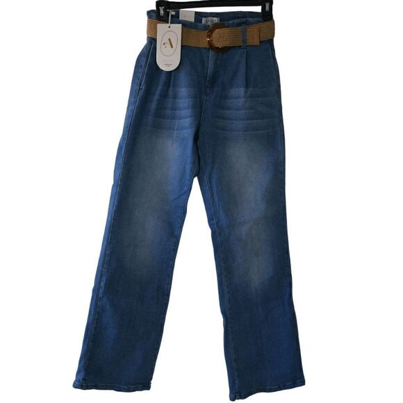 Women's High Waist Straight Leg Belted Jeans 5 - Picture 1 of 8